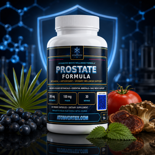 Prostate formula supplement bottle with blue Atom Vortex label beside berries and herbs