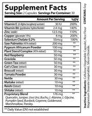 Supplement facts label with serving size and ingredients for prostate formula capsules
