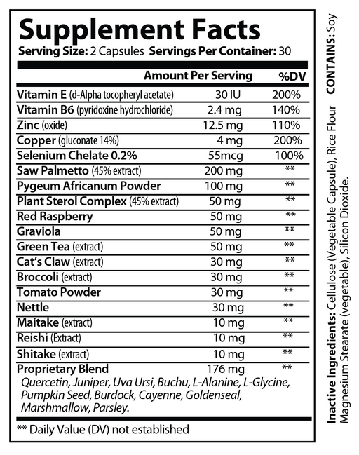 Supplement facts label with serving size and ingredients for prostate formula capsules