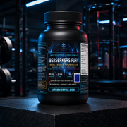 Black supplement bottle with Berserkers Fury label and 90 capsules graphic