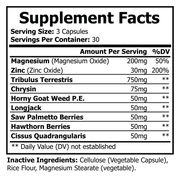 Supplement Facts panel: 3 capsules serving; magnesium, zinc, and herbal ingredients
