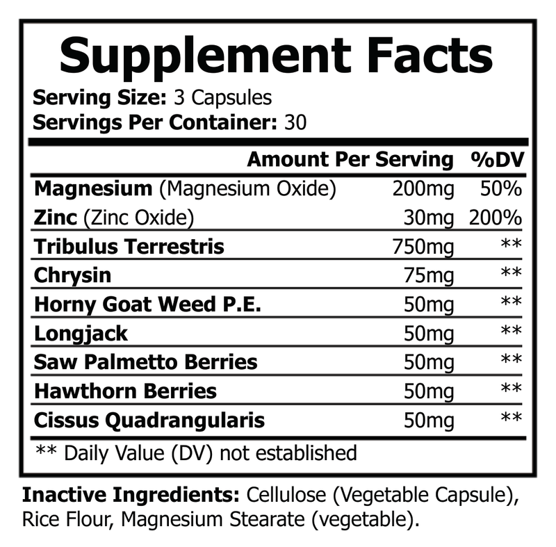 Supplement Facts panel: 3 capsules serving; magnesium, zinc, and herbal ingredients