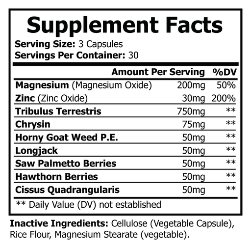 Supplement Facts panel: 3 capsules serving; magnesium, zinc, and herbal ingredients