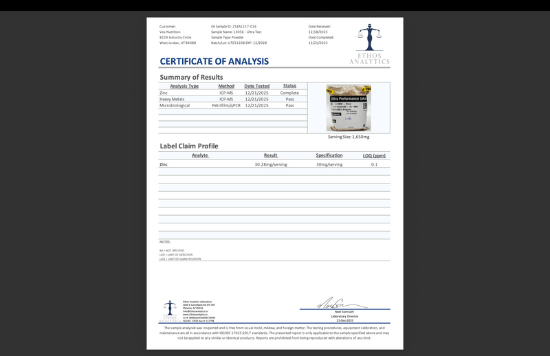 Certificate of analysis document for dietary supplement with stamped signature