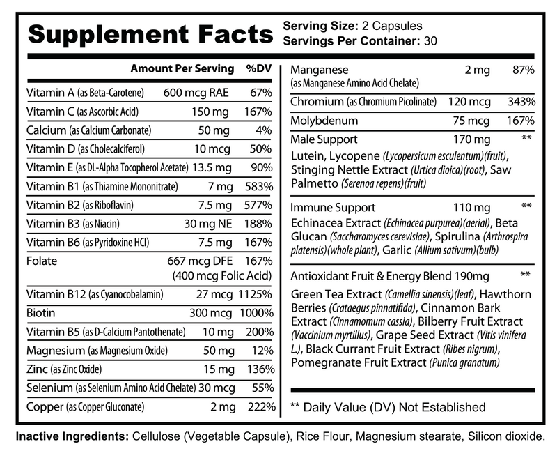 Supplement Facts nutrition table for men multivitamins, serving size 2 capsules