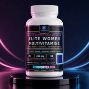 Women multivitamin bottle with white cap, front label, 30 servings