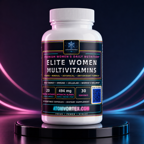 Women multivitamin bottle with white cap, front label, 30 servings