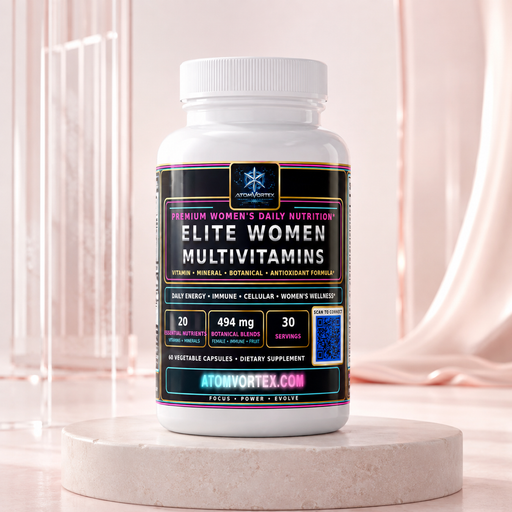 Women multivitamin bottle on pedestal with white cap, front label, 30 servings