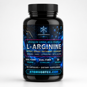L-arginine supplement bottle with black cap, front label showing 60 capsules