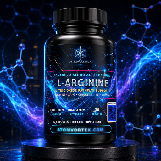 L-arginine supplement bottle with black cap, blue graphics and front label visible