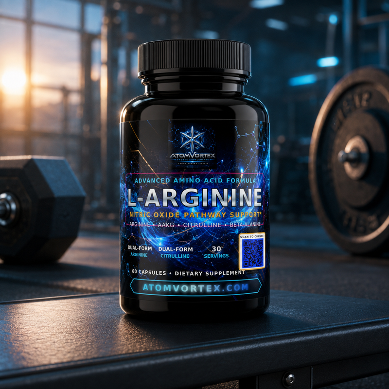 L-arginine supplement bottle on workout bench, black cap and front label visible
