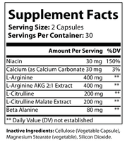 Supplement Facts panel for L-arginine capsules: 2 per serving, 30 servings