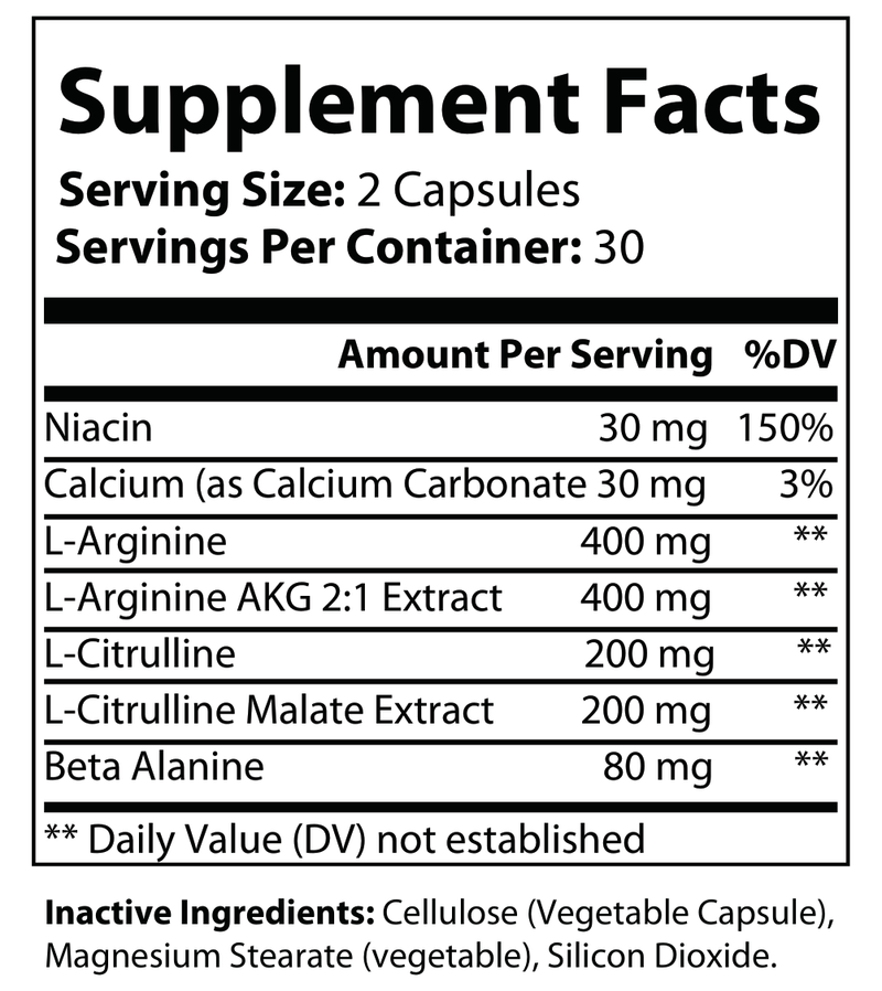 Supplement Facts panel for L-arginine capsules: 2 per serving, 30 servings