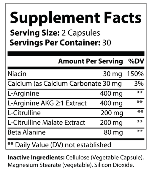 Supplement Facts panel for L-arginine capsules: 2 per serving, 30 servings
