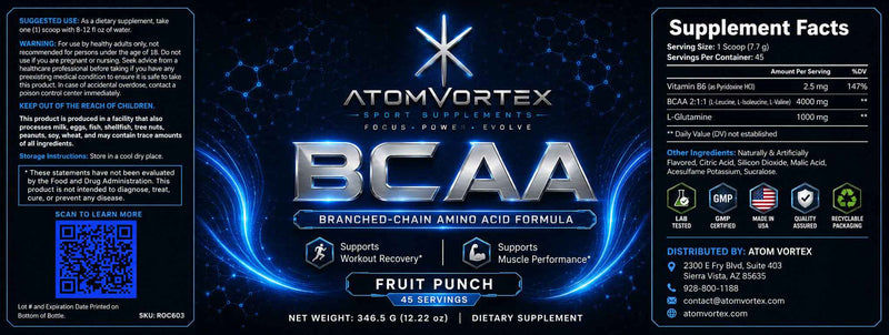 Supplement Facts label panel for BCAA fruit punch with nutrition table and QR code