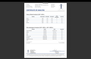 Certificate of Analysis (COA) document page with test results tables and signature