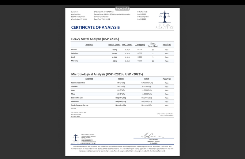 Certificate of Analysis (COA) document page with test results tables and signature