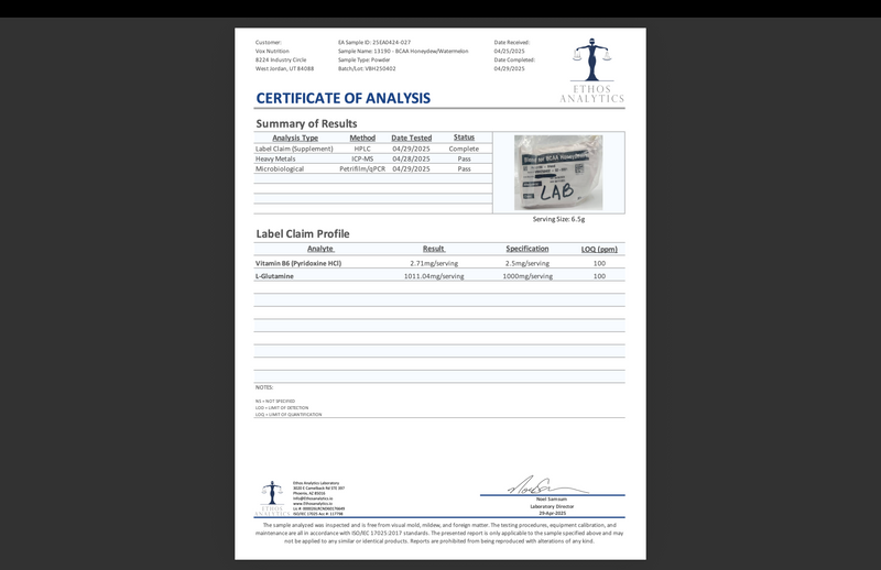 Certificate of Analysis (COA) summary page with lab claim profile results table