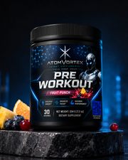 Black pre workout tub front label with Fruit Punch berries graphic and nutrition info