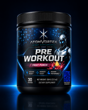 Black pre workout tub front label with blue robot graphics and Fruit Punch flavor name