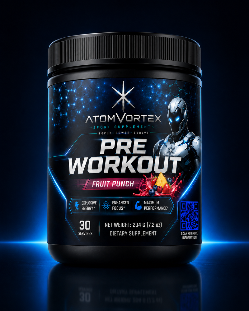 Black pre workout tub front label with blue robot graphics and Fruit Punch flavor name