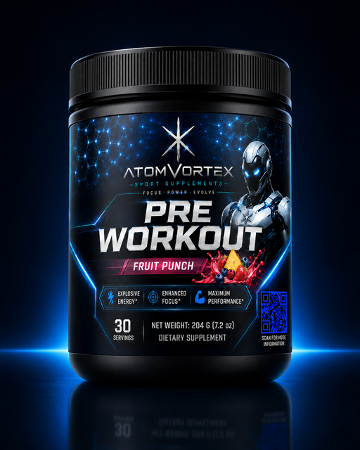 Black pre workout tub front label with blue robot graphics and Fruit Punch flavor name