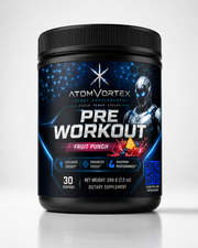 Black pre workout tub with blue robot and honeycomb graphics and Fruit Punch front label