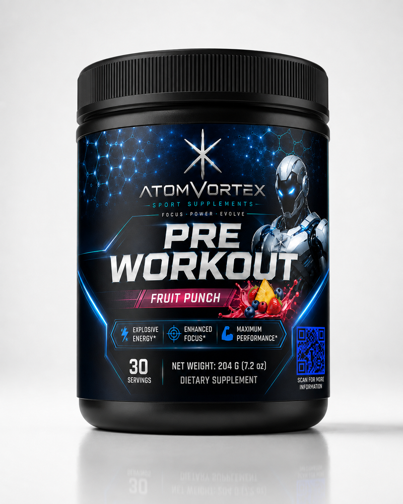 Black pre workout tub with blue robot and honeycomb graphics and Fruit Punch front label
