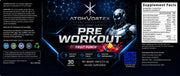 Black pre-workout supplement tub back panel with Supplement Facts and blue graphics