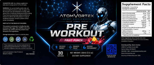 Black pre-workout supplement tub back panel with Supplement Facts and blue graphics