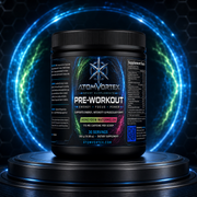 Pre-workout supplement tub front view with energy focus power label
