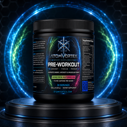Pre-workout supplement tub front view with energy focus power label
