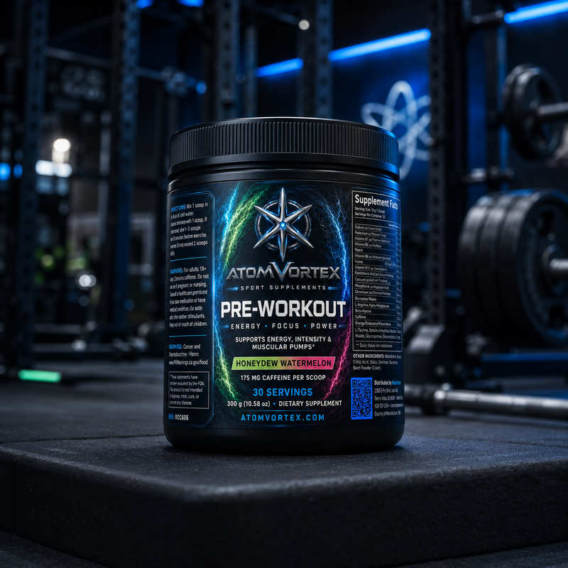 Pre-workout supplement tub with front label and black ribbed lid
