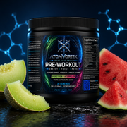 Pre-workout supplement tub with Supplement Facts panel and honeydew plus watermelon pieces