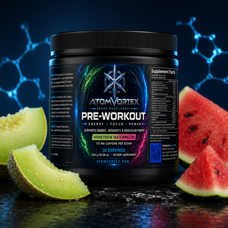 Pre-workout supplement tub with Supplement Facts panel and honeydew plus watermelon pieces