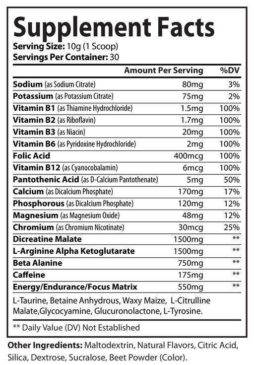 Supplement Facts nutrition panel for honeydew watermelon pre-workout supplement