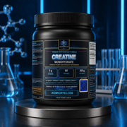Black Creatine Monohydrate supplement bottle with gold and blue label, 300 g net wt