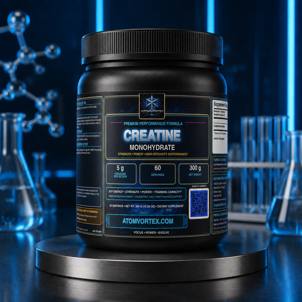 Black Creatine Monohydrate supplement bottle with gold and blue label, 300 g net wt