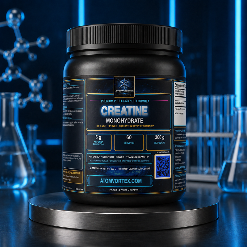 Black Creatine Monohydrate supplement bottle with gold and blue label, 300 g net wt