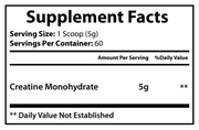Supplement Facts label for Creatine Monohydrate, 5 g per serving, 60 servings