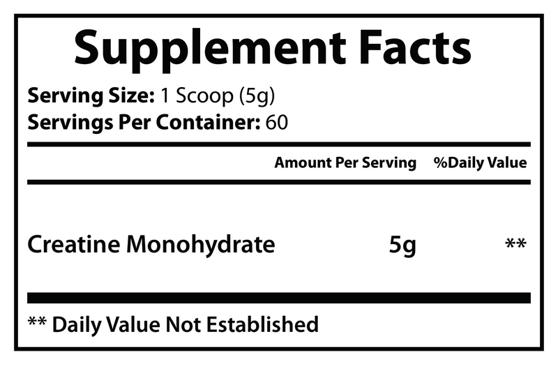 Supplement Facts label for Creatine Monohydrate, 5 g per serving, 60 servings
