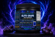 Pre-workout supplement jar with Elite Grape label, black lid, grapes on tabletop
