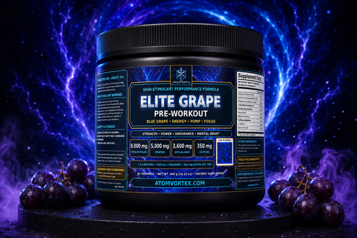 Pre-workout supplement jar with Elite Grape label, black lid, grapes on tabletop