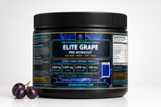 Pre-workout supplement jar with blue Elite Grape label, black lid, grapes at base