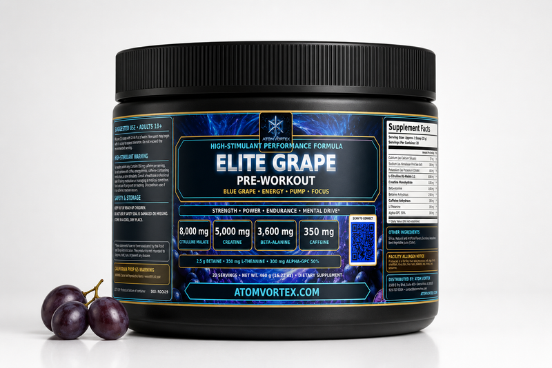 Pre-workout supplement jar with blue Elite Grape label, black lid, grapes at base