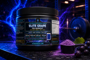Pre-workout supplement jar with blue Elite Grape label, black lid, purple powder and grapes