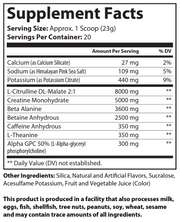Pre-workout Supplement Facts label with serving size, ingredients, and amounts