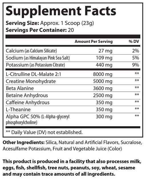Pre-workout Supplement Facts label with serving size, ingredients, and amounts