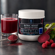 Nitric Boost organic beet root powder jar with beet powder and fresh beets