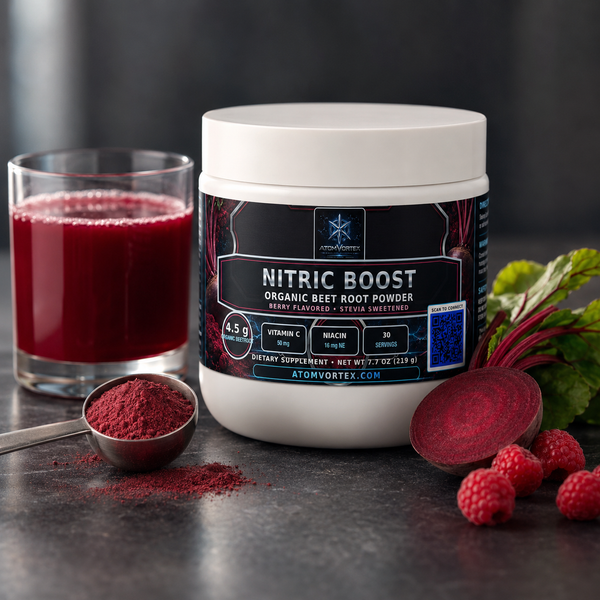 Nitric Boost organic beet root powder jar with beet powder and fresh beets